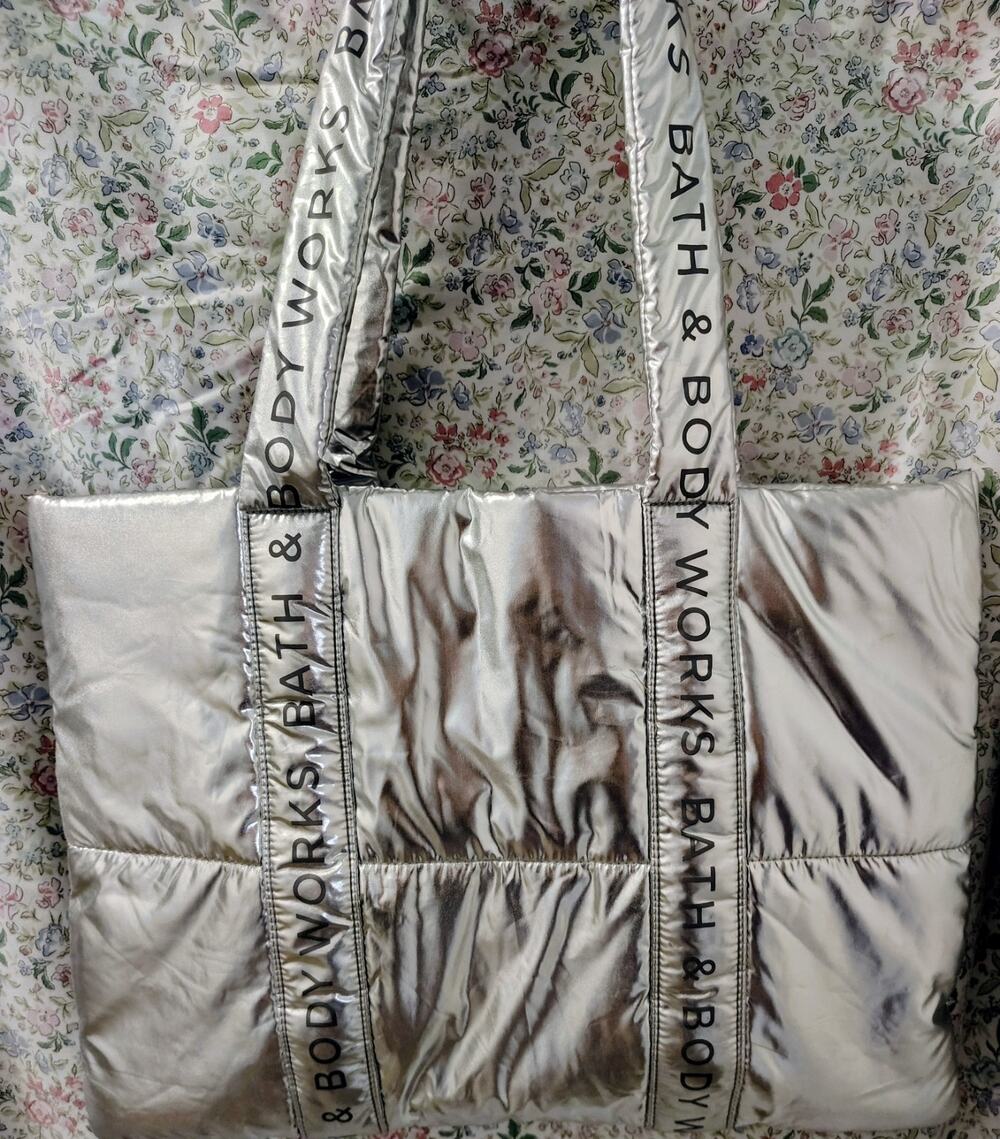 Bath And Body Works Puffy Tote Silver Metallic Bag New Logo NWOT